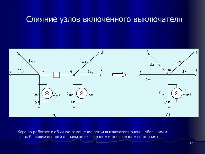 Слияние узлов включенного выключателя Хорошо работает и обычное замещение ветви выключателя