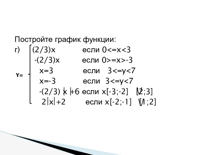 Постройте график функции: г) (2/3)x если 0 -(2/3)x если 0>=x>-3 x=3