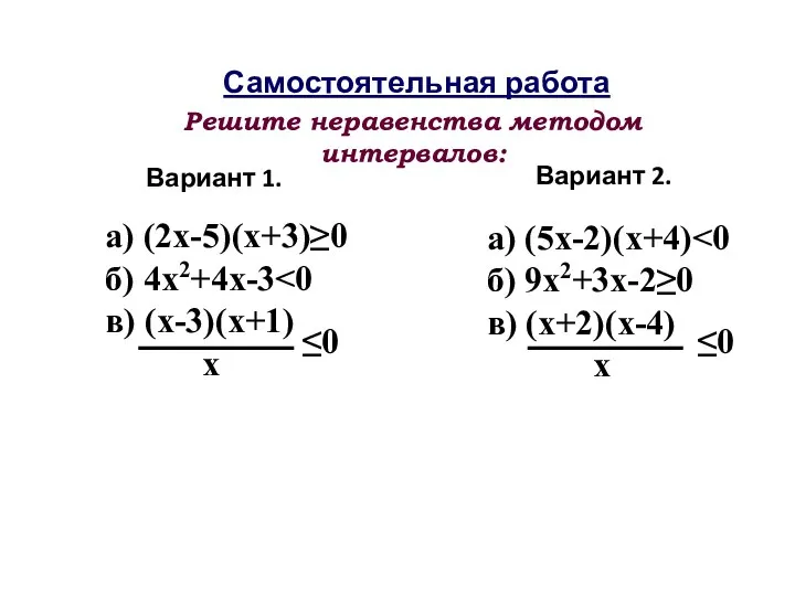 Решите неравенства методом интервалов: Вариант 1. Вариант 2. Самостоятельная работа а)