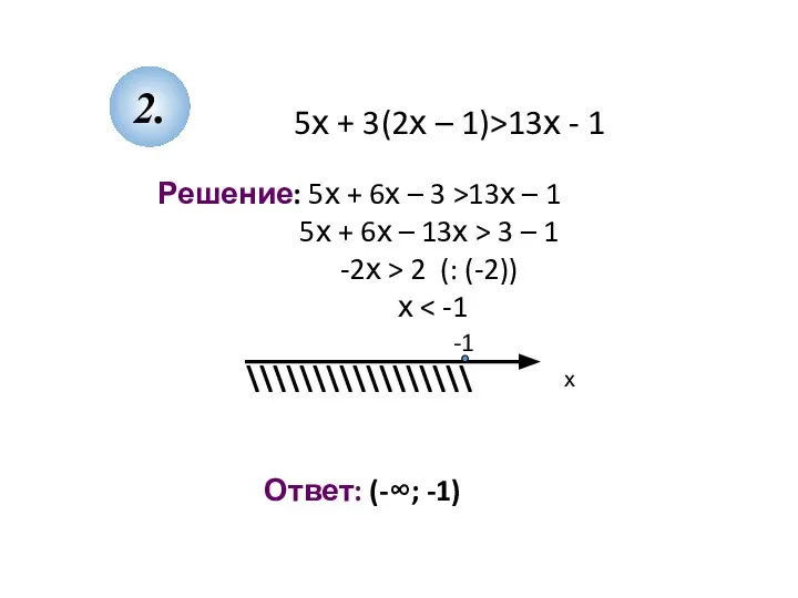 5х + 3(2х – 1)>13х - 1 Решение: 5х + 6х