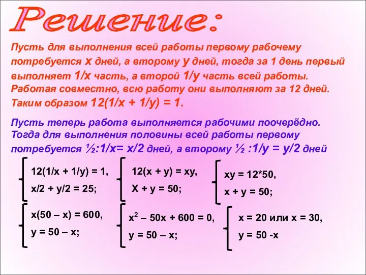 Решение: Пусть для выполнения всей работы первому рабочему потребуется x дней,