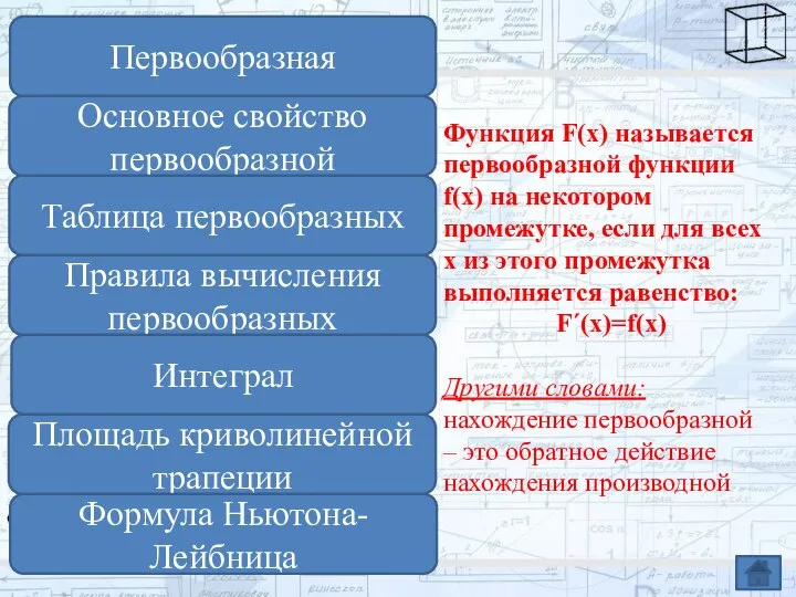 Функция F(x) называется первообразной функции f(x) на некотором промежутке, если для