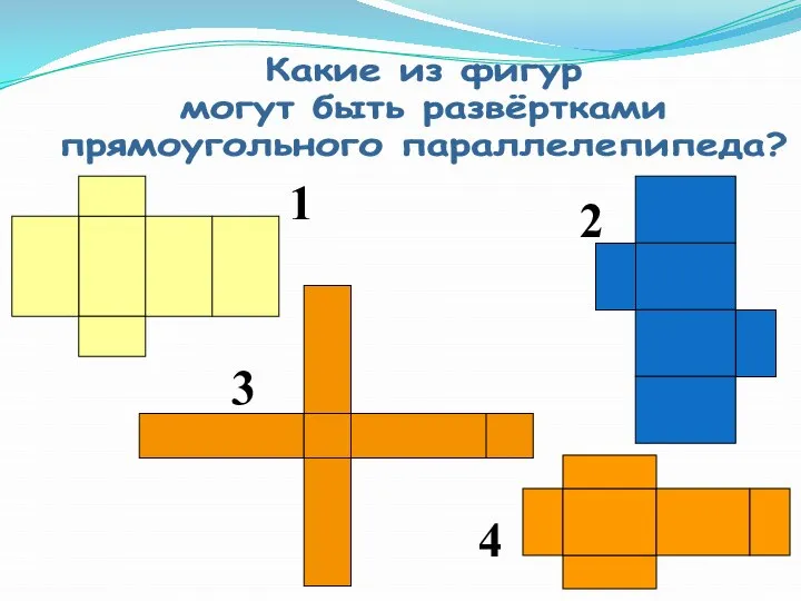 Какие из фигур могут быть развёртками прямоугольного параллелепипеда? 1 2 3 4