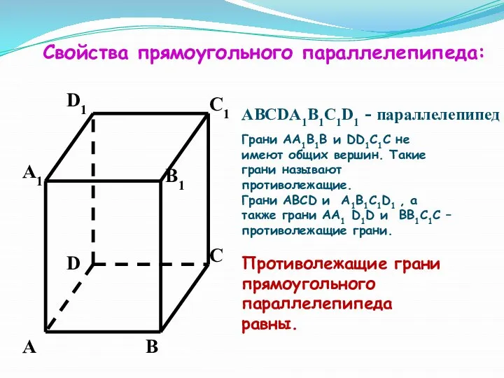 Свойства прямоугольного параллелепипеда: АВСDА1В1С1D1 - параллелепипед А В С D D1