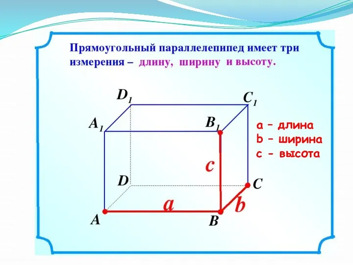 a – длина b – ширина c - высота