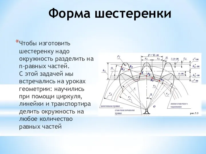 Форма шестеренки Чтобы изготовить шестеренку надо окружность разделить на n-равных частей.