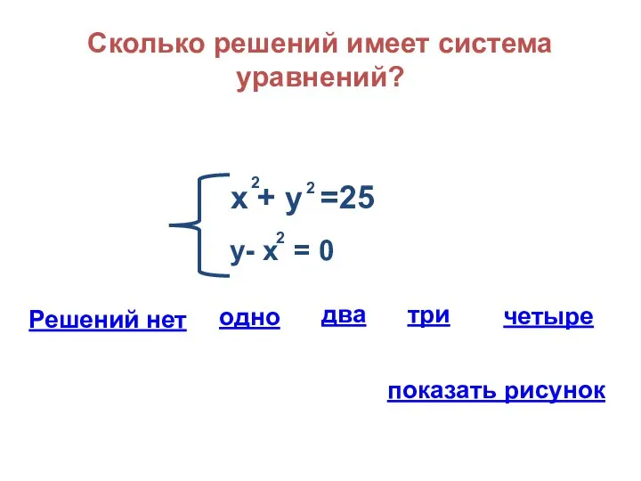 Сколько решений имеет система уравнений? х + у =25 2 2