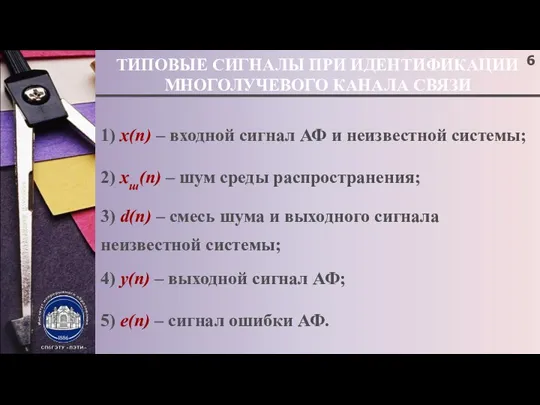 ТИПОВЫЕ СИГНАЛЫ ПРИ ИДЕНТИФИКАЦИИ МНОГОЛУЧЕВОГО КАНАЛА СВЯЗИ 1) x(n) – входной