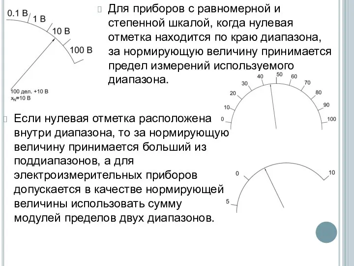 Для приборов с равномерной и степенной шкалой, когда нулевая отметка находится