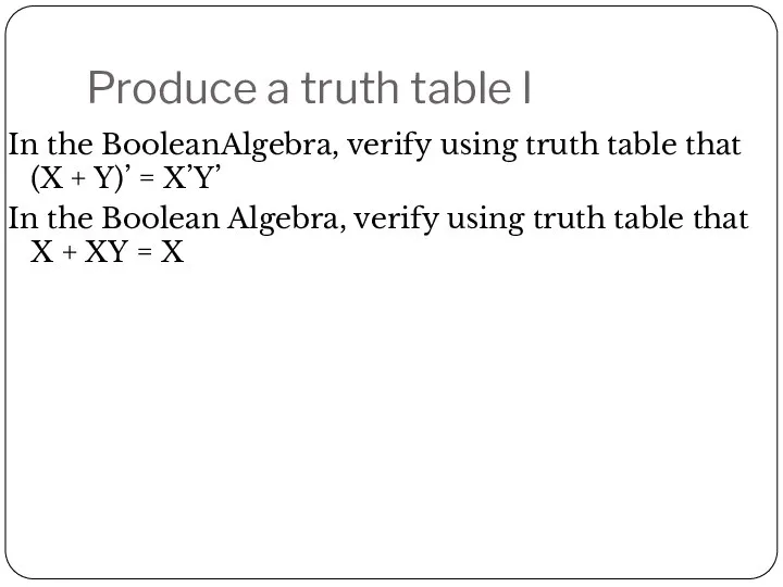 Produce a truth table l In the BooleanAlgebra, verify using truth