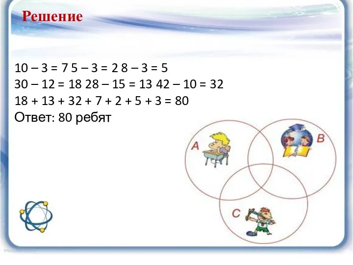 Решение 10 – 3 = 7 5 – 3 = 2