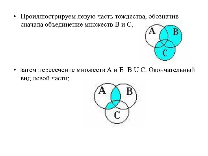 Проиллюстрируем левую часть тождества, обозначив сначала объединение множеств В и С,