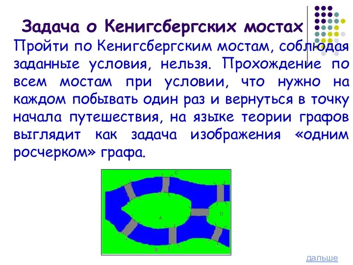 Задача о Кенигсбергских мостах Пройти по Кенигсбергским мостам, соблюдая заданные условия,