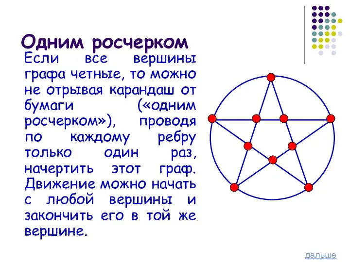 Одним росчерком Если все вершины графа четные, то можно не отрывая