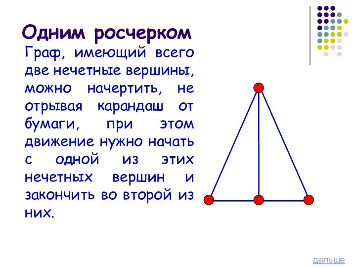 Одним росчерком Граф, имеющий всего две нечетные вершины, можно начертить, не