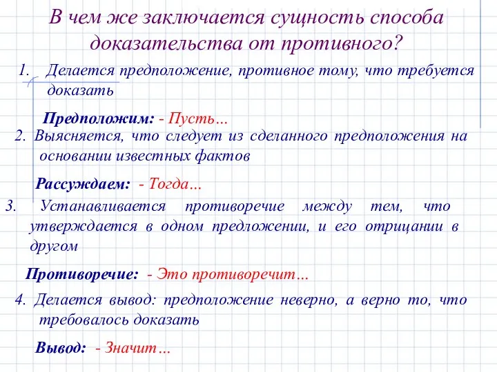 В чем же заключается сущность способа доказательства от противного? Делается предположение,