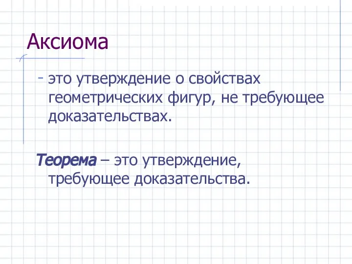 Аксиома это утверждение о свойствах геометрических фигур, не требующее доказательствах. Теорема – это утверждение, требующее доказательства.