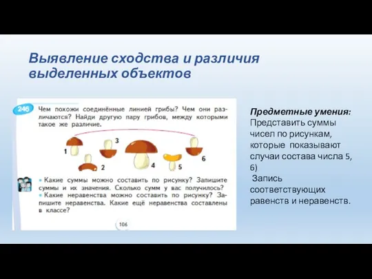 Выявление сходства и различия выделенных объектов Предметные умения: Представить суммы чисел