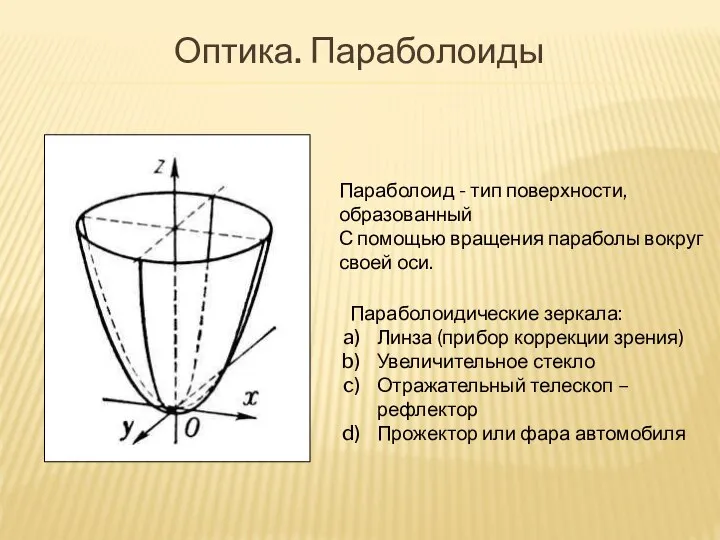 Параболоидические зеркала: Линза (прибор коррекции зрения) Увеличительное стекло Отражательный телескоп –