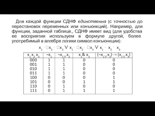 Для каждой функции СДНФ единственна (с точностью до перестановок переменных или