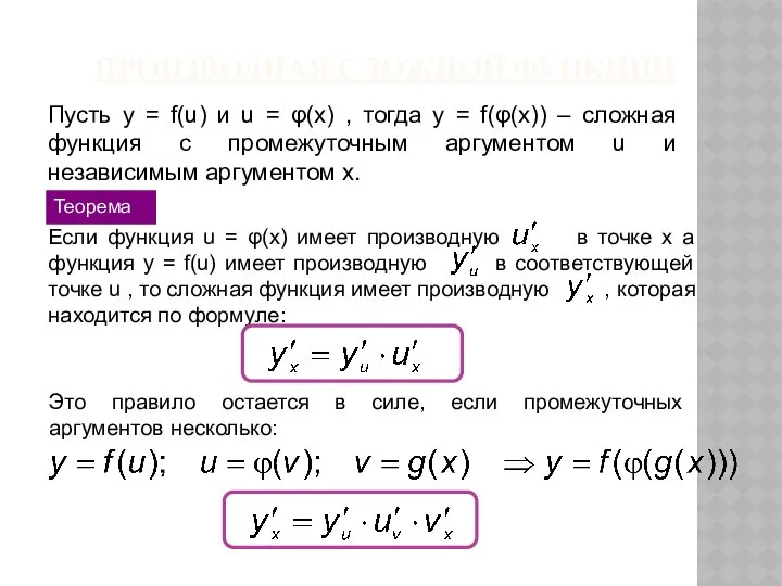 ПРОИЗВОДНАЯ СЛОЖНОЙ ФУНКЦИИ Пусть y = f(u) и u = φ(x)