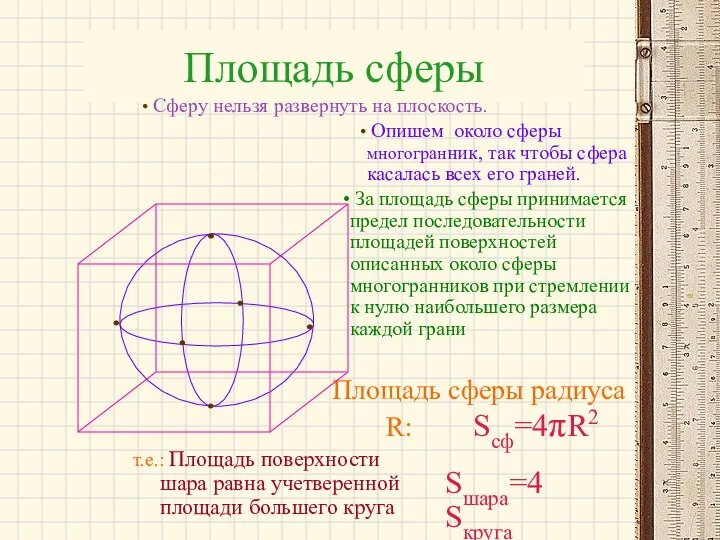 Площадь сферы Площадь сферы радиуса R: Sсф=4πR2 Сферу нельзя развернуть на