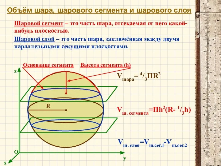 Объём шара, шарового сегмента и шарового слоя Vшара= 4/3ПR2 Шаровой сегмент