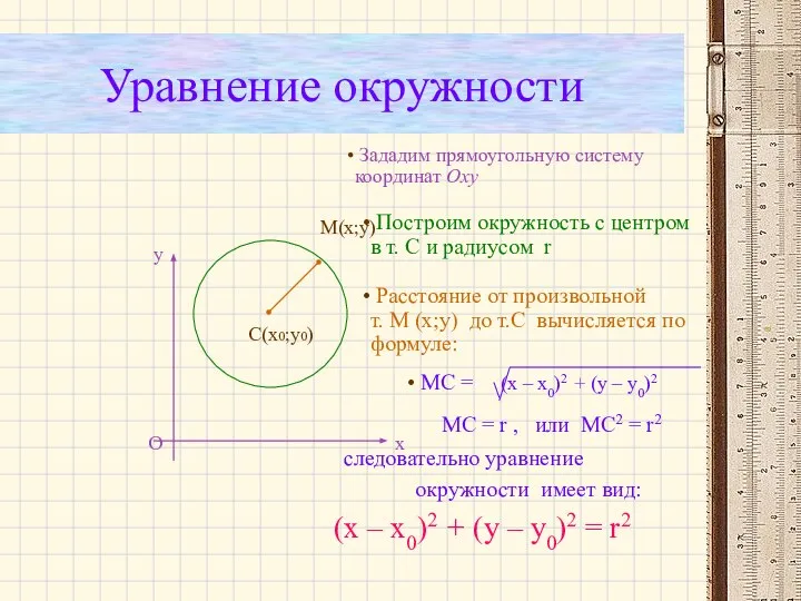 Уравнение окружности С(х0;у0) М(х;у) х у О следовательно уравнение окружности имеет