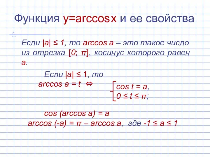 Функция y=arccos x и ее свойства Если |а| ‌‌≤ 1, то