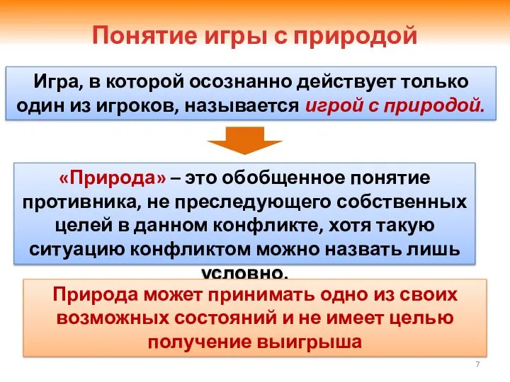 Понятие игры с природой Игра, в которой осознанно действует только один