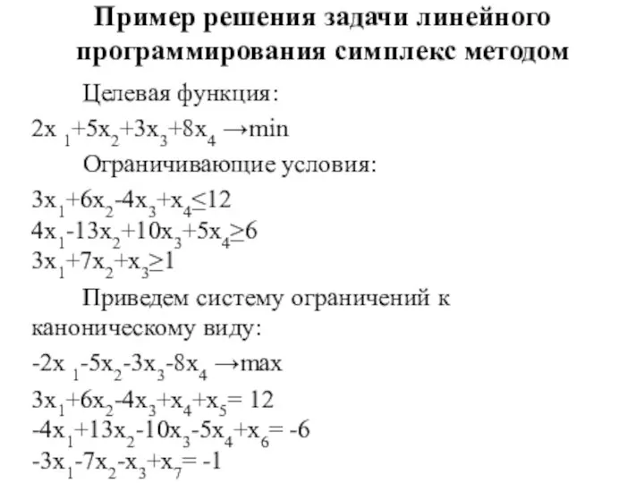 Пример решения задачи линейного программирования симплекс методом Целевая функция: 2x 1+5x2+3x3+8x4