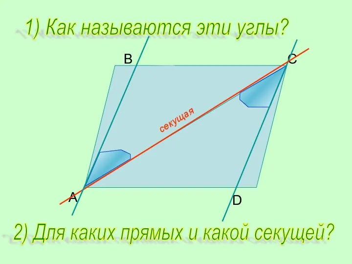 B C D A 1) Как называются эти углы? 2) Для каких прямых и какой секущей?