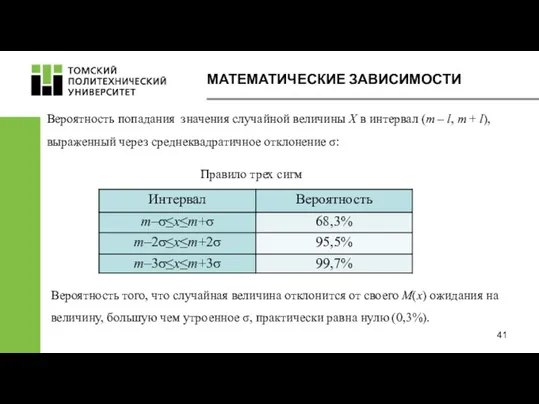 МАТЕМАТИЧЕСКИЕ ЗАВИСИМОСТИ Вероятность попадания значения случайной величины Х в интервал (m