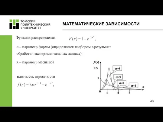 МАТЕМАТИЧЕСКИЕ ЗАВИСИМОСТИ Функция распределения α – параметр формы (определяется подбором в