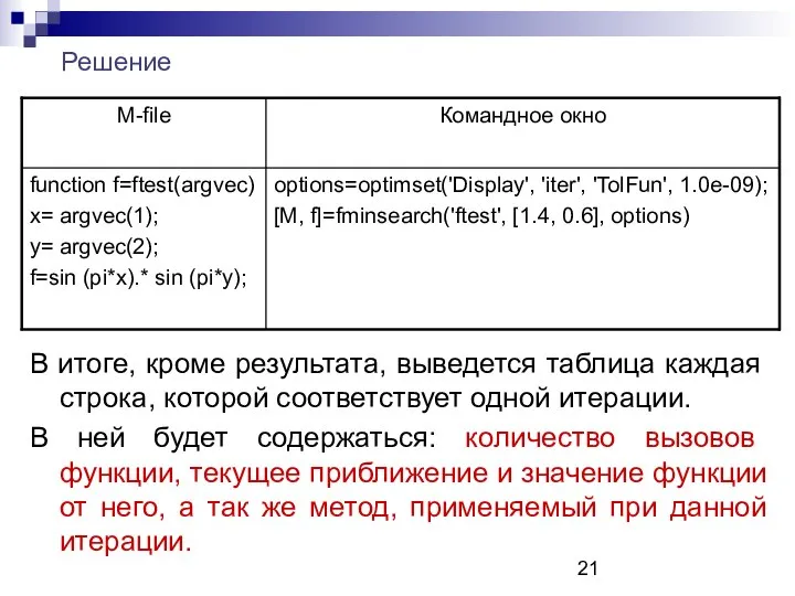 Решение В итоге, кроме результата, выведется таблица каждая строка, которой соответствует