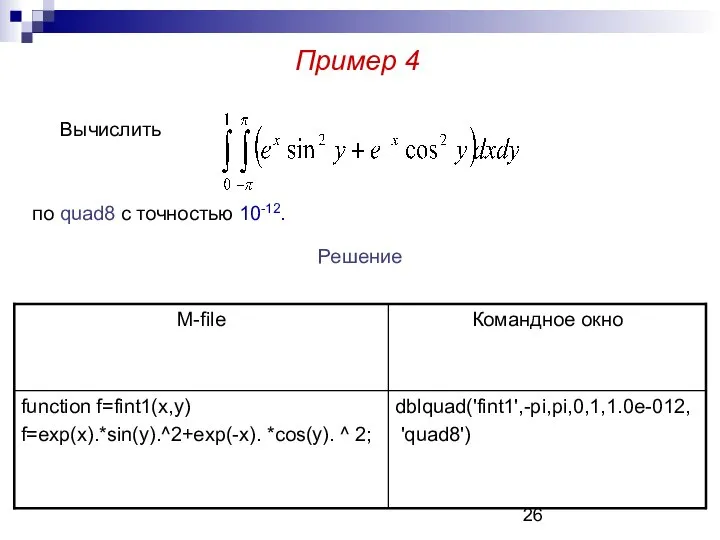 Пример 4 Вычислить по quad8 с точностью 10-12. Решение