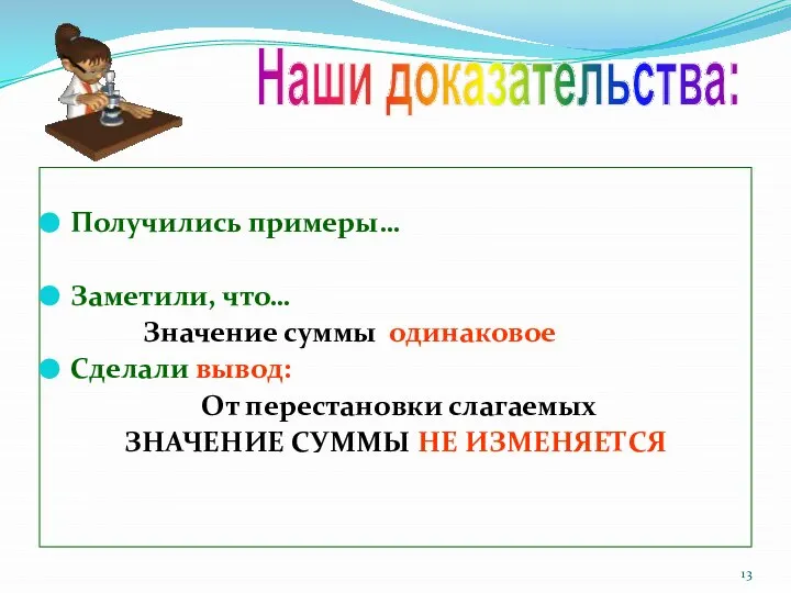 Получились примеры… Заметили, что… Значение суммы одинаковое Сделали вывод: От перестановки