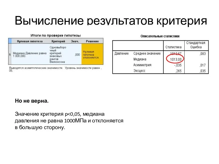 Вычисление результатов критерия Но не верна. Значение критерия p