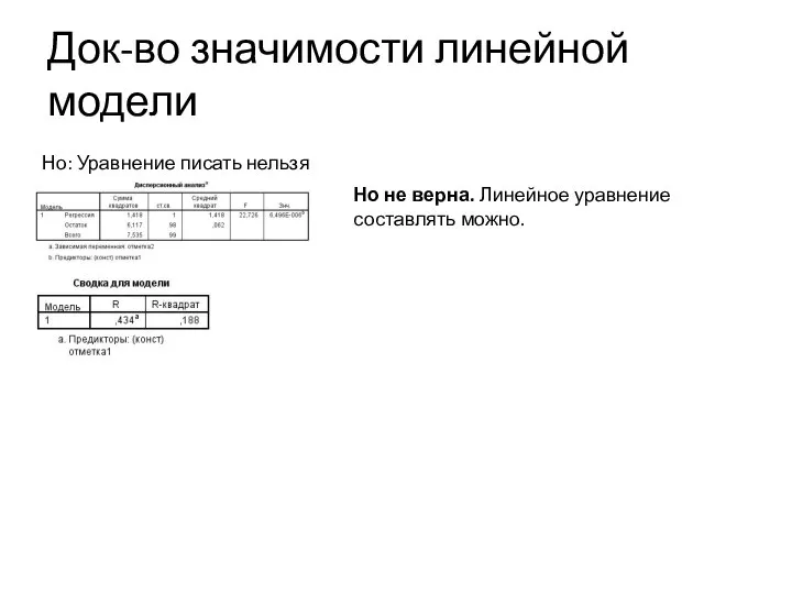 Док-во значимости линейной модели Но: Уравнение писать нельзя Но не верна. Линейное уравнение составлять можно.