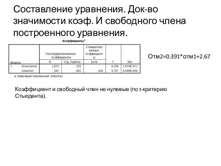 Составление уравнения. Док-во значимости коэф. И свободного члена построенного уравнения. Отм2=0.391*отм1+2.67