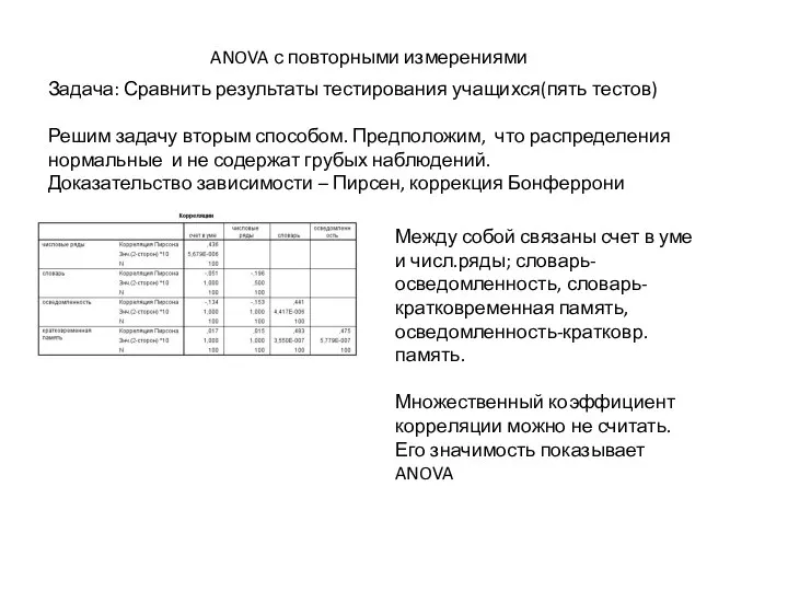 ANOVA с повторными измерениями Задача: Сравнить результаты тестирования учащихся(пять тестов) Решим