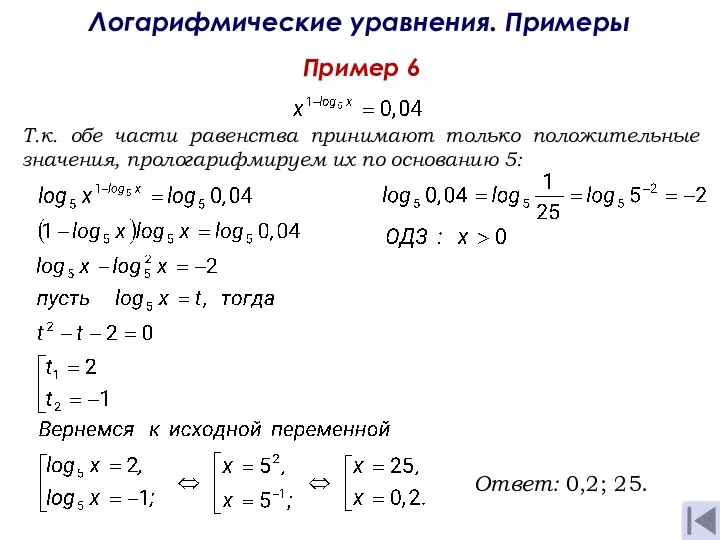 Пример 6 Логарифмические уравнения. Примеры Ответ: 0,2; 25. Т.к. обе части