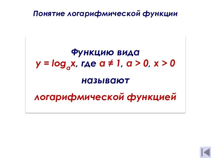 Понятие логарифмической функции . Функцию вида y = logaх, где а