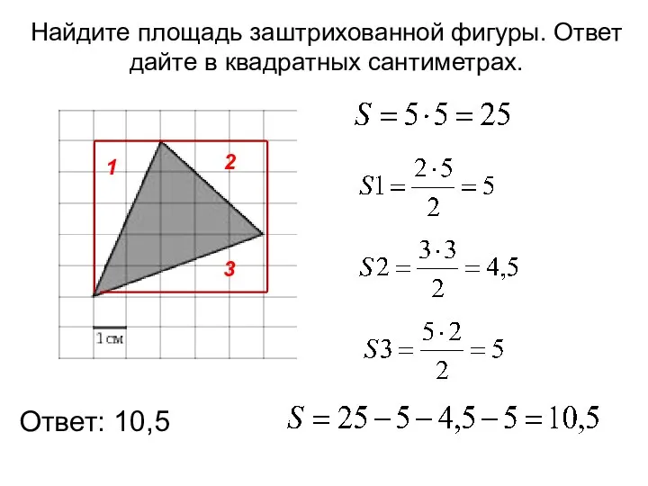 Ответ: 10,5 Найдите площадь заштрихованной фигуры. Ответ дайте в квадратных сантиметрах. 1 2 3