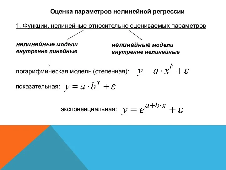 Оценка параметров нелинейной регрессии 1. Функции, нелинейные относительно оцениваемых параметров нелинейные