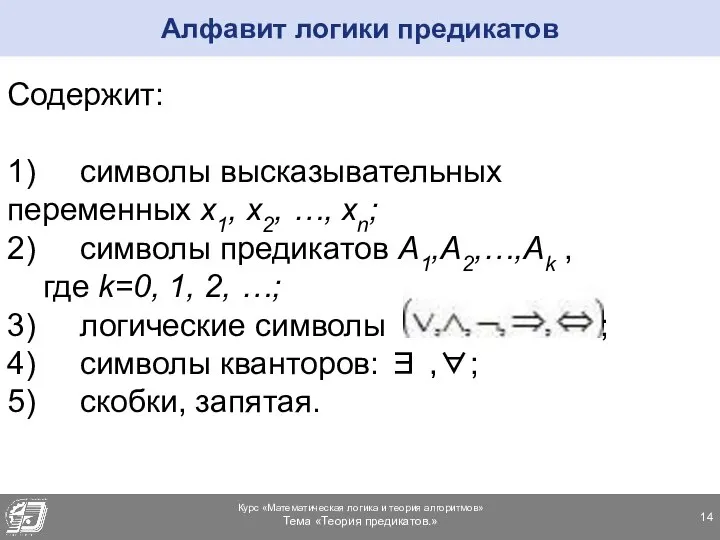 Алфавит логики предикатов Содержит: 1) символы высказывательных переменных x1, x2, …,