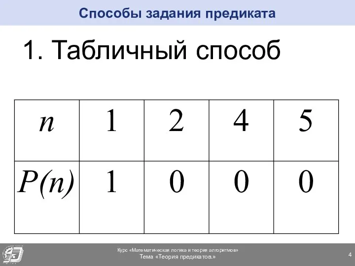 1. Табличный способ Способы задания предиката