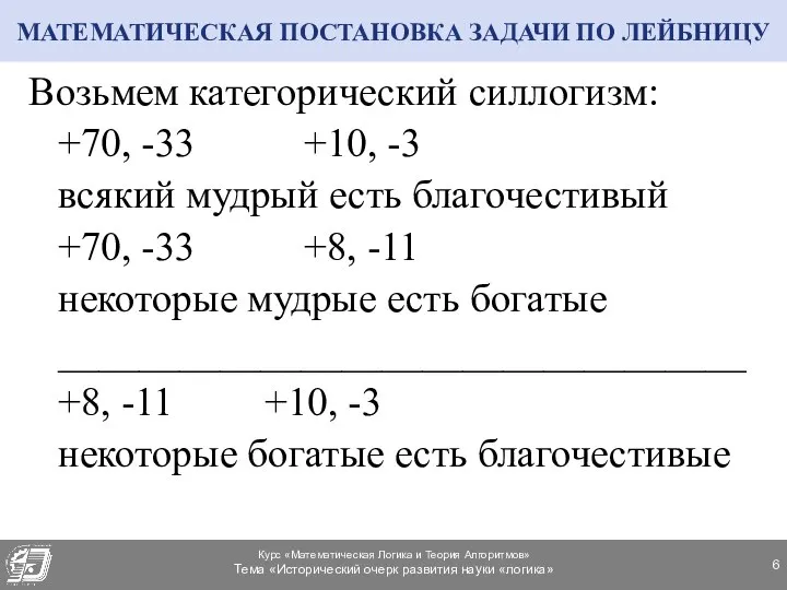 МАТЕМАТИЧЕСКАЯ ПОСТАНОВКА ЗАДАЧИ ПО ЛЕЙБНИЦУ Возьмем категорический силлогизм: +70, -33 +10,