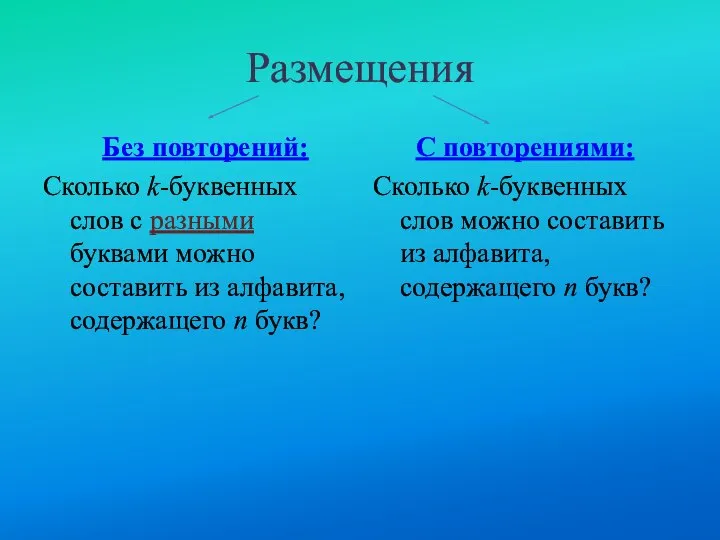 Размещения Без повторений: Сколько k-буквенных слов с разными буквами можно составить