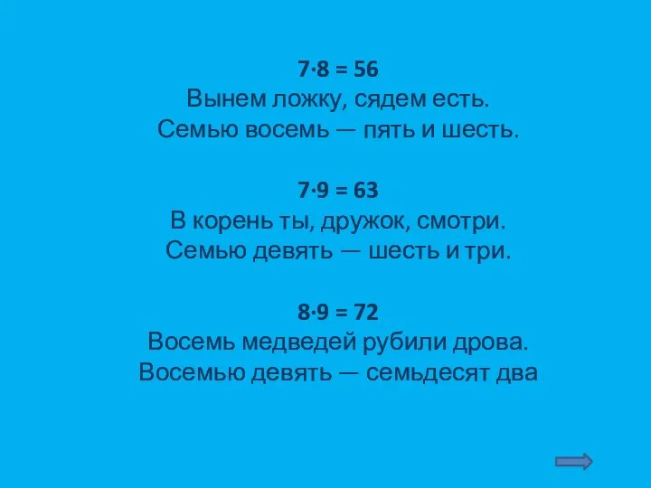 7∙8 = 56 Вынем ложку, сядем есть. Семью восемь — пять